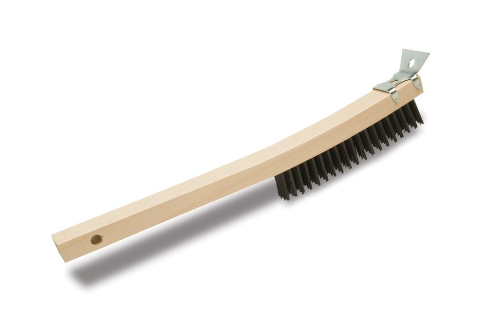 Malish 14 1/4" Carbon Steel Brush with 4 x 19 Filament Pattern in a Curved Wooden Handle Scraper