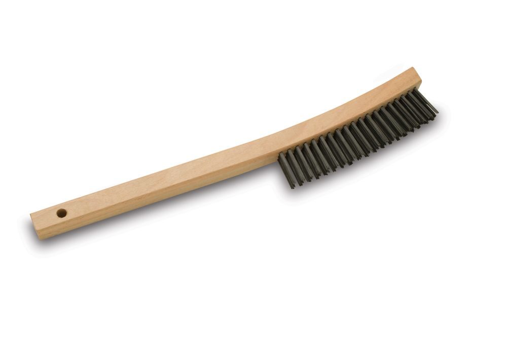 Malish 13 3/4" Carbon Steel Brush with 3 x 18 Filament Pattern in a Curved Wooden Handle