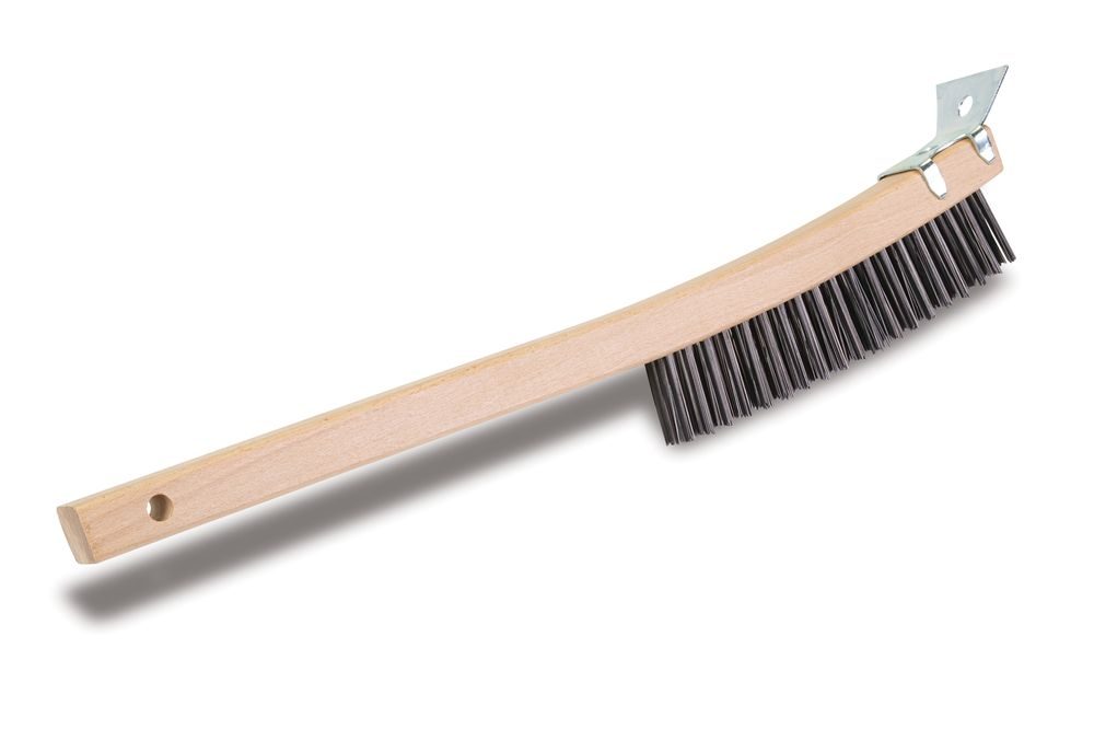 Malish 14 1/4" Carbon Steel Brush with 3 x 18 Filament Pattern in a Curved Wooden Handle Scraper